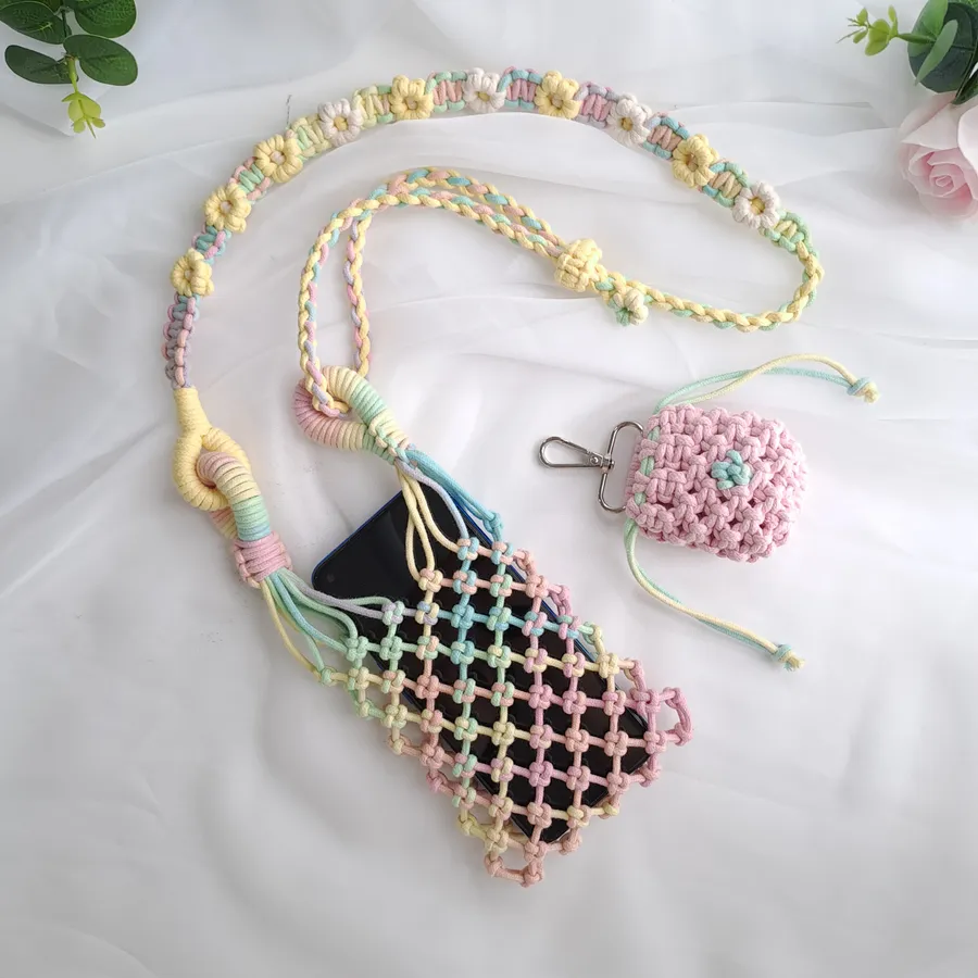 Phone Net Bag — Túi lưới đựng điện thoại tông pastel, dây đeo hoa