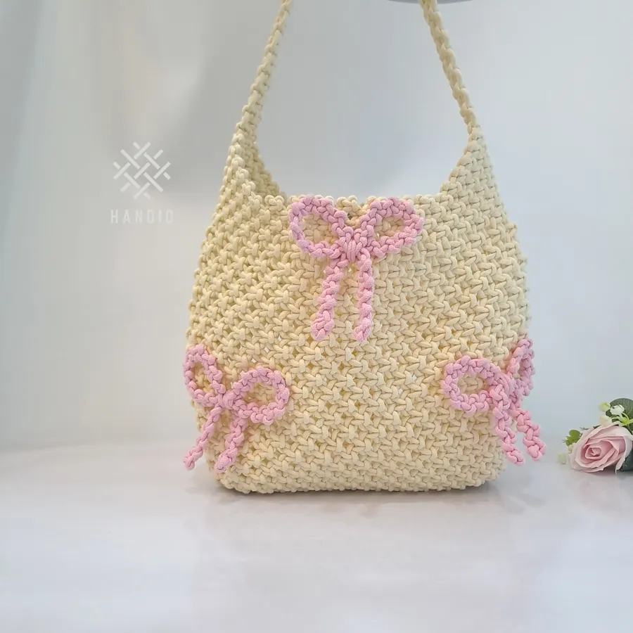 Bow Tote — Túi tote macrame kem đính nơ hồng